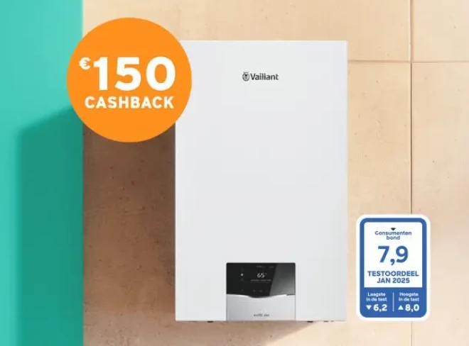 Vaillant cv-ketel aan de wand met een sticker voor &euro; 150 cashback en het testoordeel 7,9 van de Consumentenbond